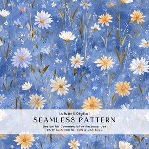 May include: A seamless pattern featuring watercolor daisies in shades of white, yellow, and blue. The floral design includes long stems and small leaves against a textured blue background. The text reads "SEAMLESS PATTERN".