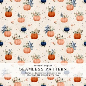 May include: A seamless pattern featuring watercolor pumpkins in shades of orange, pink, and navy blue, each adorned with floral arrangements. The design includes the text "SEAMLESS PATTERN" and details about the file size and usage.