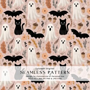 May include: A seamless pattern featuring Halloween-themed illustrations. The design includes white ghosts, black bats, black cats, acorns, and flowers on a light pink background. The text "SEAMLESS PATTERN" is also visible.