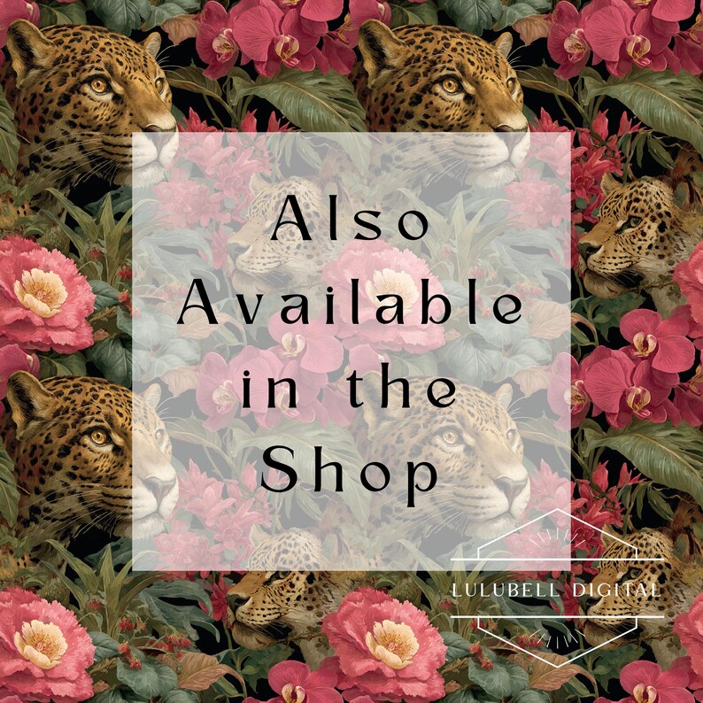 May include: A digitally created pattern featuring leopard faces, pink flowers, and green leaves. The text "Also Available in the Shop" is overlaid on the design. The pattern is set against a black background.