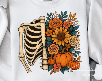 Bloemenskeletribben PNG: T-shirt herfstzonnebloem en pompoenen, gotisch herfst-Halloween-sublimatieontwerp