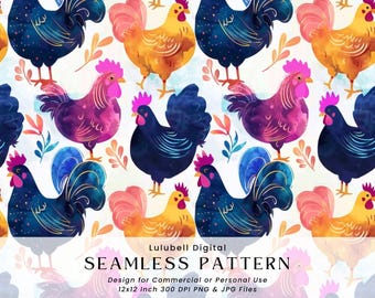 Naadloos patroon regenboogkippen: aquarel hanen en kippen digitaal papier, achtergrond kleurrijke boerderijdieren