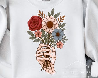 Skeleton Hand Bouquet PNG: Gothic Floral T-Shirt Graphic, Spooky Romantic Halloween Sublimation Design