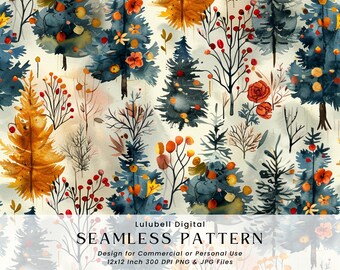 Patrón sin costuras de bosque de pinos otoñales: papel digital con acuarela de árboles y bayas, fondo rústico de bosque otoñal.