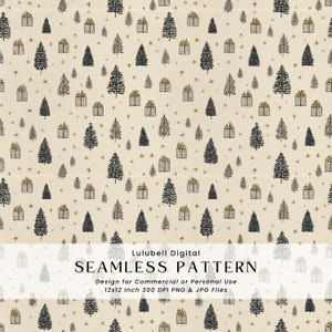 Puede incluir: Patrón sin costuras repetido con un diseño de árboles de Navidad, cajas de regalo y estrellas en negro, dorado y beige. El patrón es adecuado para uso comercial o personal. La imagen incluye el texto "Lulubell Digital SEAMLESS PATTERN".