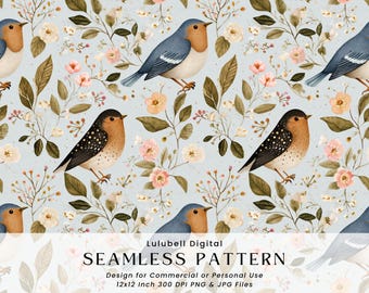 Modèle sans couture chic d'oiseaux et de fleurs : papier numérique floral printanier fantaisiste, fond de jardin d'oiseaux de maison