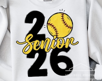 Softball Senior 2026 PNG : T-shirt de joueur de softball universitaire, design par sublimation de remise des diplômes le jour du match