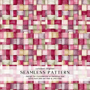 May include: A seamless pattern with a woven texture in shades of pink, red, beige, and lavender. The design features a grid-like arrangement of rectangular blocks. The text at the bottom reads "SEAMLESS PATTERN" and "12x12 Inch 300 DPI PNG & JPG Files".