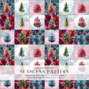 Könnte beinhalten: Ein nahtloses Muster mit einem Patchwork-Design, das Weihnachtsbäume in Rot-, Grün- und Blautönen zeigt. Das Design enthält goldene Akzente und den Text "SEAMLESS PATTERN" und "Lulubell Digital". Geeignet für kommerzielle oder private Nutzung.