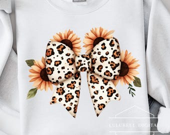 Leopard Print Bow PNG: Sunflower Western T-Shirt Graphic, Autumn Floral Sublimation Design