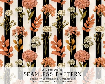 May include: Seamless pattern design featuring a repeating floral arrangement with peach and white flowers, and orange and yellow leaves. The design is set against a backdrop of black and white vertical stripes. The text "SEAMLESS PATTERN" is visible.