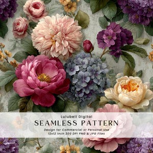 May include: A seamless floral pattern featuring a variety of flowers in shades of pink, purple, and yellow, with green leaves. The design includes roses, peonies, and hydrangeas. The text reads "Lulubell Digital SEAMLESS PATTERN" and "12x12 Inch 300 DPI PNG & JPG Files."