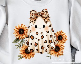 Leopard Print Ghost PNG: Halloween T-Shirt Graphic with Sunflowers, Preppy Fall Ghost Sublimation Design