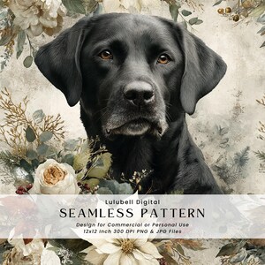 May include: A digital seamless pattern featuring a black Labrador Retriever with brown eyes, surrounded by floral elements in cream, green, and brown tones. The text "SEAMLESS PATTERN" is displayed below the dog.
