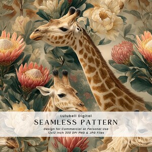 May include: Seamless pattern featuring giraffes and floral elements in shades of beige, brown, and pink. The design includes text that reads "Lulubell Digital SEAMLESS PATTERN Design for Commercial or Personal Use 12x12 Inch 300 DPI PNG & JPG Files."