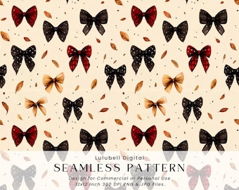Fall Bows Seamless Pattern: Plaid & Polka Dot Bows Digital Paper, Cottagecore Autumn Bow Background