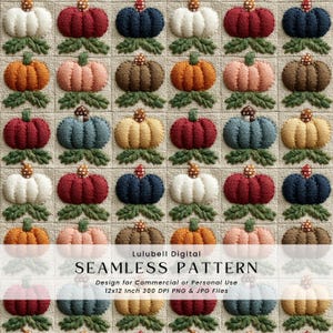May include: A seamless pattern featuring a grid of embroidered pumpkins in various colors, including white, orange, pink, brown, red, blue, and yellow. Each pumpkin has a green leaf base and a textured appearance. The text "Lulubell Digital SEAMLESS PATTERN" is displayed.
