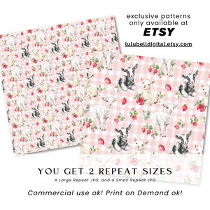 May include: Two digital papers with a repeating pattern of goats and strawberries on a pink gingham background. The text reads "exclusive patterns only available at Etsy" and "YOU GET 2 REPEAT SIZES". Commercial use is okay.