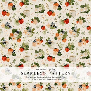 Puede incluir: Patrón sin costuras con ilustraciones de acuarela de fresas, flores y pequeñas macetas sobre un fondo crema. El diseño incluye fresas rojas, flores blancas y naranjas y follaje verde. Se muestra el texto "SEAMLESS PATTERN".