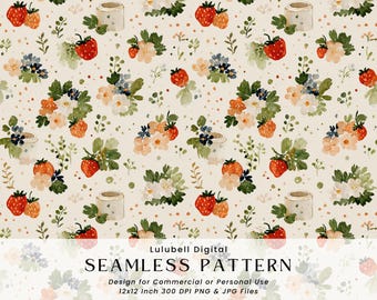 Strawberry Patch Seamless Pattern: Watercolor Farmhouse Floral Digital Paper, Country Strawberry Picking Background