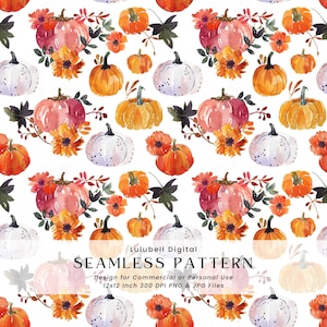 Op de afbeelding: Een naadloos patroon met aquarel pompoenen in oranje, wit en roze, afgewisseld met oranje bloemen en donkergroene bladeren. Het ontwerp bevat de tekst "SEAMLESS PATTERN" en "Design for Commercial or Personal Use".