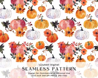 Watercolor Pumpkin Patch Seamless Pattern: Pink Autumn Florals Digital Paper, Rustic Fall Cottagecore Background