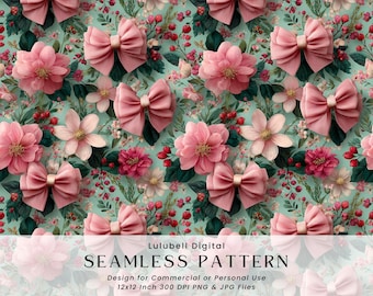 Girly Blush Pink Bows Seamless Pattern: Romantic Floral Digital Paper, Coquette Bow Background