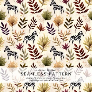May include: A seamless pattern with zebras and botanical illustrations in brown, green, and purple. The design includes the text "SEAMLESS PATTERN" and "Lulubell Digital". The pattern is designed for commercial or personal use and is 30.48 x 30.48 cm.