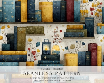 Floral Bookshelf Seamless Pattern: Cottagecore Library Digital Paper, Colorful Bookish Watercolor Background