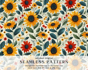 Sunflower Meadow Seamless Pattern: Autumn Cottagecore Digital Paper, Rustic Floral Background Design