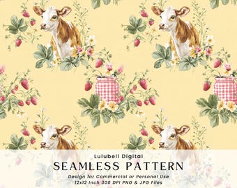 Cow & Strawberry Seamless Pattern: Farmhouse Gingham Digital Paper, Commercial Use Okay Surface Design Pattern