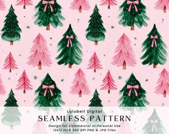 May include: Seamless pattern featuring watercolor Christmas trees in shades of green and pink, adorned with pink bows. The trees are set against a light pink background with small star accents. The design is for commercial or personal use.