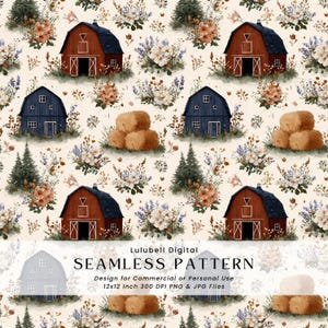 May include: A seamless pattern featuring watercolor illustrations of red barns with dark blue roofs, hay bales, and floral arrangements. The design includes text that reads "SEAMLESS PATTERN" and "Lulubell Digital". The pattern is set on a cream background.