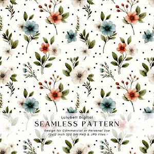 Puede incluir: Patrón floral sin costuras con flores de acuarela en tonos rojos, azules y blancos, hojas verdes y lunares negros sobre fondo blanco. Se muestra el texto "SEAMLESS PATTERN".