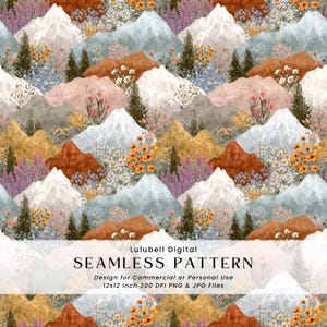 May include: A seamless pattern with a repeating mountain design in white, brown, gold, and blue. The design includes trees and wildflowers. The text "SEAMLESS PATTERN" is displayed below the image.