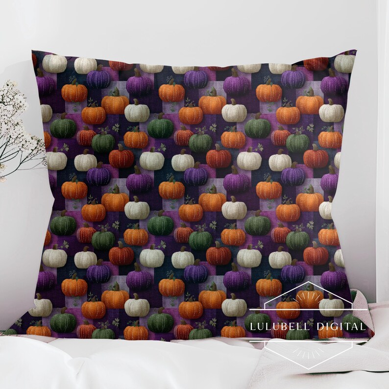 Puede incluir: Coj&iacute;n cuadrado con un patr&oacute;n repetido de calabazas en naranja, verde, morado y blanco sobre un fondo a cuadros morado y negro. El coj&iacute;n est&aacute; sobre una superficie blanca. El texto "LULUBELL DIGITAL" es visible.