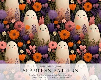 Patrón sin costuras de jardín fantasma bohemio: papel digital floral de Halloween con un divertido fondo otoñal embrujado.