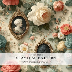 May include: A seamless pattern design featuring a vintage floral arrangement with roses in shades of pink, white, and teal, along with two ornate oval frames. The text reads "Lulubell Digital SEAMLESS PATTERN".