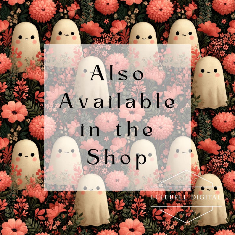 Puede incluir: Patr&oacute;n repetido de figuras de fantasmas sonrientes en beige y blanco, sobre un fondo floral de flores rosas y hojas verdes. El texto "Also Available in the Shop" est&aacute; superpuesto en la imagen.