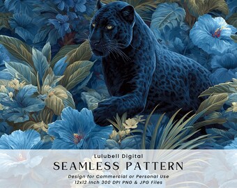Black Panther Seamless Pattern: Moody Dark Blue Floral Digital Paper, Tropical Jungle Panther Background