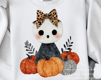 Ghost Girl PNG: Coquette Leopard Bow, Pumpkin Patch T-Shirt Graphic, Trendy Autumn Sublimation Design