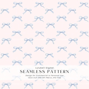 Peut inclure: Motif sans couture avec des nœuds bleu clair sur fond rose pâle. Les nœuds sont espacés et répétés. Le texte "SEAMLESS PATTERN" est affiché en noir. Le motif est pour usage commercial ou personnel. Image de 30,48 cm x 30,48 cm.