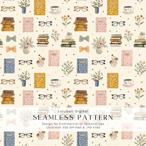 以下が含まれることがあります： クリーム色の背景に、本、メガネ、ティーカップ、花、蝶ネクタイの水彩イラストが描かれたシームレスパターン。 デザインには、本の山、ドット柄のジャーナル、フラワーアレンジメントが含まれています。