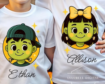 Set PNG per bambini con mostri di Halloween: grafica per magliette Frankenstein per bambini e bambine, design spettrale a sublimazione + font