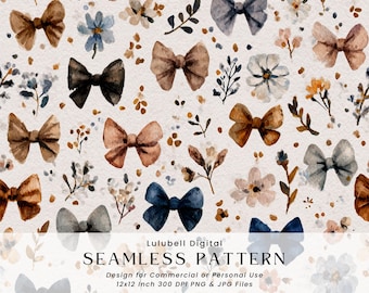 Autumn Bows Seamless Pattern: Cottagecore Watercolor Bow Digital Paper, Rustic Fall Wildflower Background