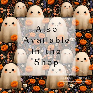 Puede incluir: Un dise&ntilde;o caprichoso con fantasmas sonrientes, flores naranjas y detalles florales. Se muestra el texto "Also Available in the Shop". El fondo es un patr&oacute;n floral oscuro. Dise&ntilde;o oto&ntilde;al.