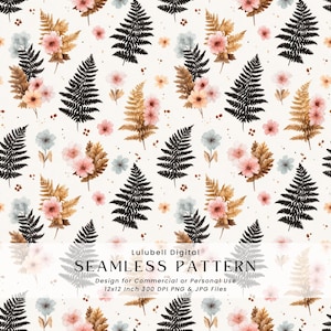 May include: A seamless pattern design featuring watercolor illustrations of black ferns, peach and pink flowers, and small blue flowers on a white background. The text "SEAMLESS PATTERN" is displayed. The design is for commercial or personal use, 12x12 inches, 300 DPI PNG & JPG files.