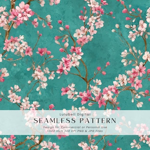 Peut inclure: Motif sans couture de fleurs de cerisier roses et blanches sur des branches brunes, sur fond turquoise. Le motif comprend le texte « SEAMLESS PATTERN » et est destiné à un usage commercial ou personnel. L'image mesure 30,48 x 30,48 cm.