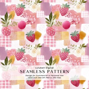 May include: Seamless pattern design featuring watercolor strawberries, pink and purple brushstrokes, and geometric shapes. The design includes the text "Lulubell Digital SEAMLESS PATTERN" and is intended for commercial or personal use. The file size is 12x12 inches.