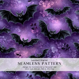 May include: Seamless pattern featuring black bats with detailed wings, set against a purple and pink floral background. The design includes the text "SEAMLESS PATTERN" and "Lulubell Digital". The pattern is designed for commercial or personal use, with 12x12 inch files.